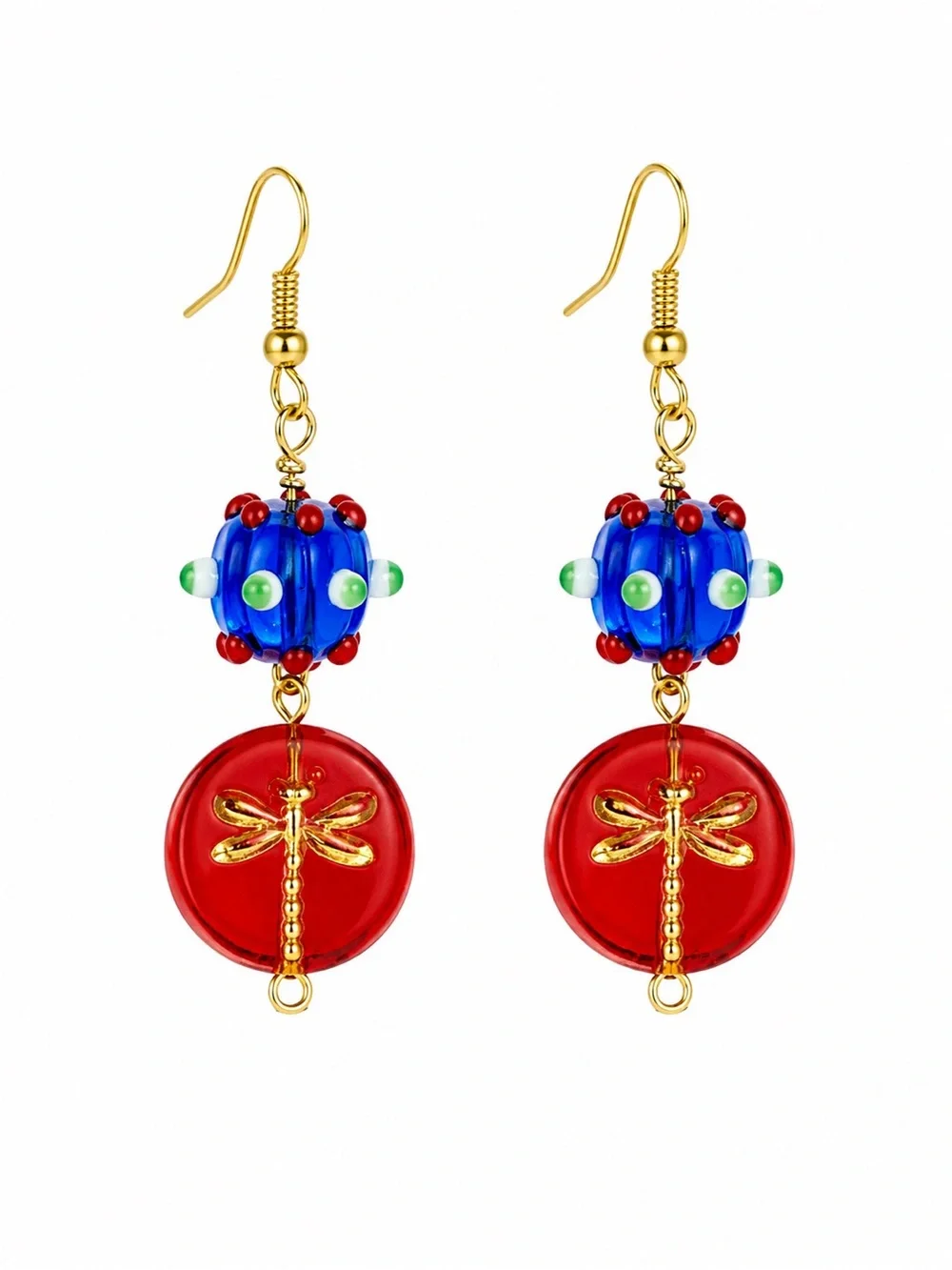 Gold-Tone Red & Blue Dragonfly Bead Drop Earrings